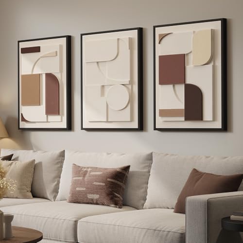 3D Textured Framed Neutral Wall Art, Brown Tan Beige Geometric