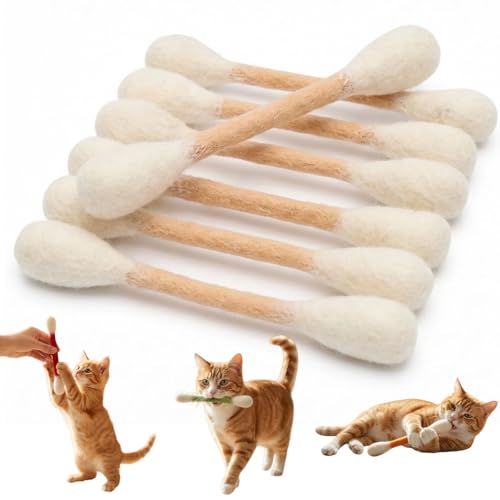 Cotton Swabs Cat Toys with Catnip 6 Pack Giant Felt Kitten Chew Sticks for Indoor Cats Durable Cat Teething Rope Interactive Kitty Kicker Toy Soft Plush Chew Sticks for Aggressive Chewers (Beige)