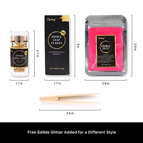 Cobakey Genuine Edible Gold Leaf Flakes - 50Mg Edible Gold Flakes For Cake Decoration (Cupcake, Chocolate, Steak, Drink & Cooking), Gold Leaf With Edible Glitter & Wooden Tweezers #TOP5