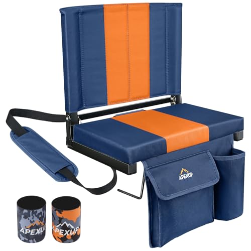 APEXUP Stadium Seats with Back Support, Portable Bleacher Seat with Large Pocket and Cup Holder, Wide Stadium Chair for Sports Events and Concerts (Navy Blue+Orange)