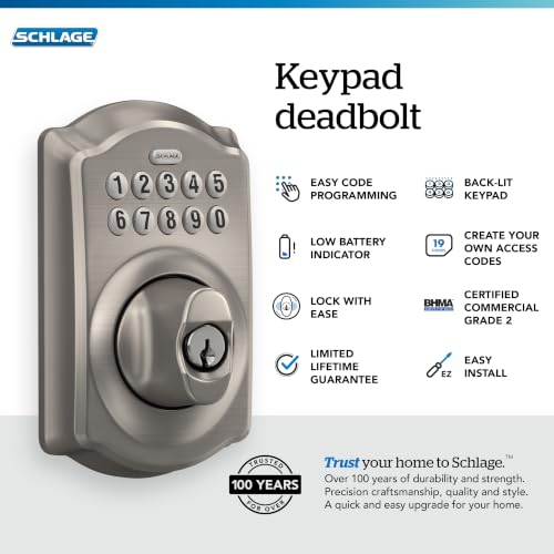 Schlage Electronic Keypad Deadbolt Lock, Camelot Trim, Satin Nickel - Image 2