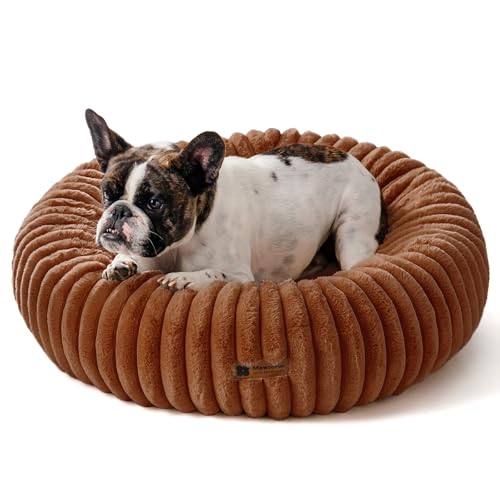 MEWOOFUN Hunde-Donut-Betten für kleine Hunde, beruhigendes Hundebett, rundes süßes Welpenbett mit Rutschfester Unterseite, Flauschiges (Braun, 76x76x20cm)