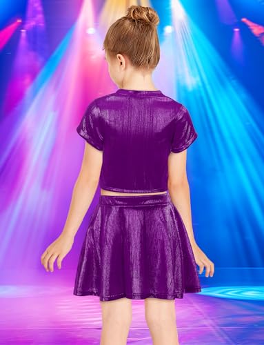Image of Happy Cherry Kid Girl Shiny Skirt and Top Set 2 Piece Texture Ribbed Metallic Disco Rave Cheer Outfit 4-12T