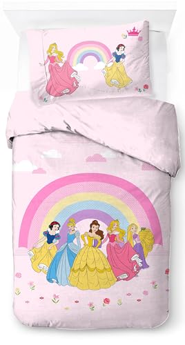 Jay Franco Disney Princess Rainbow 100% Baumwolle Einzelbett-Bettbezug-Set – Enthält Kissenbezug 50 x 70 cm