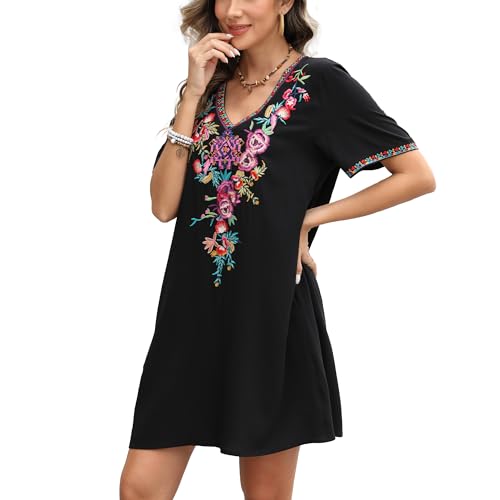 Image of Grosy Fiesta Embroidered Mexican Dress for Women Beach Vacation Plus Size Short Sleeve Summer Boho Dresses with Pocket