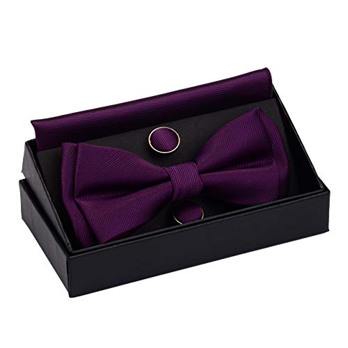 Image of GUSLESON Mens Solid Color Two Layer Pre-tied Bow Tie and Pocket Square Cufflink Set with Gift Box