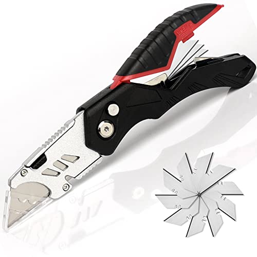 AIRAJ PRO Folding Box Cutter, Utility Knife Heavy Duty with Blade Storage Design Including 13 Replaceable SK5 Blades,Retractable Box Cutter for Cardboard,Cloth,Leather