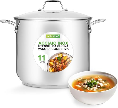 NutriChef Pentola da 12 Litri in Acciaio Inossidabile 18/8, Resistente per Induzione, con Coperchio Trasparente e Lavabile in Lavastoviglie