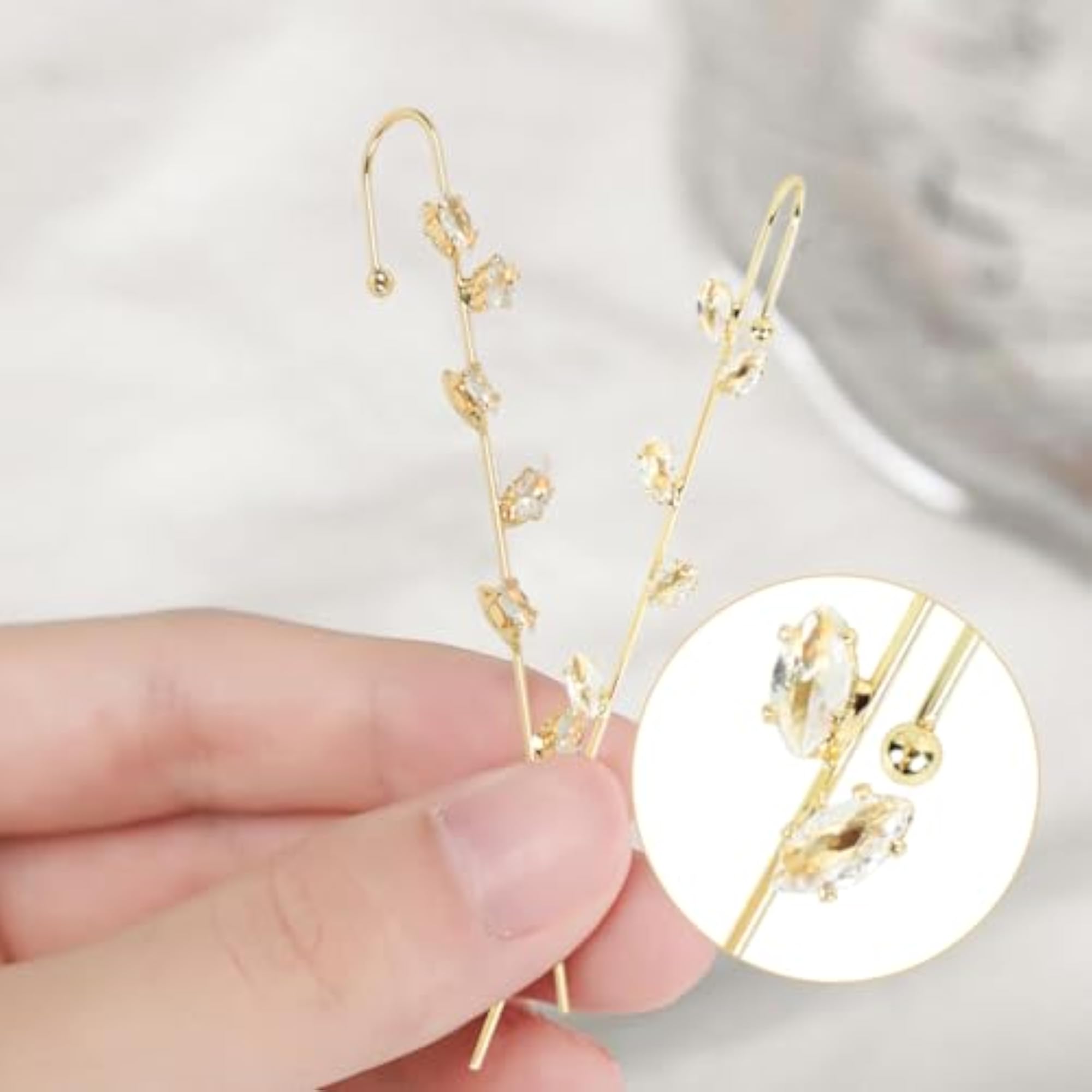 Women's Gold Crystals Needle Earcuff Earrings, 2 Pcs