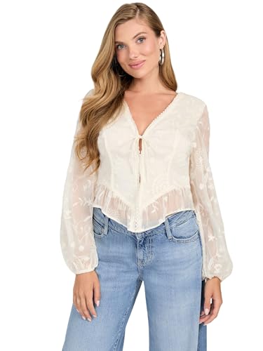 GUESS Women's Long Sleeve Seiah Tie Front Top, Dove White
