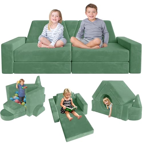 Image of YEFU 15pcs Modular Kids Play Couch,1000+ Imagination Creative Play | for kids ages 1+,7 shapes,countless configurations,30D high-density foam,fort building,washable cover, playroom,birthday gift