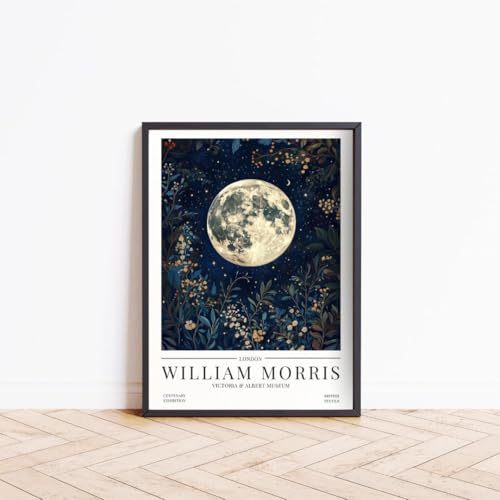 Image of William Morris Full Moon Print, William Morris Exhibition Poster, Moon Phases Stars Art Nouveau Minimalist Home Decor Wall Art Print, Minimalist Modern Living Room Decor (A3 - FRAMED (Black))