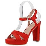 VAN HILL Damen Plateau Sandaletten Veloursleder-Optik Schuhe Blockabsatz Party Absatzschuhe Freizeit Abendschuhe Plateauschuhe 211911 Rot 37