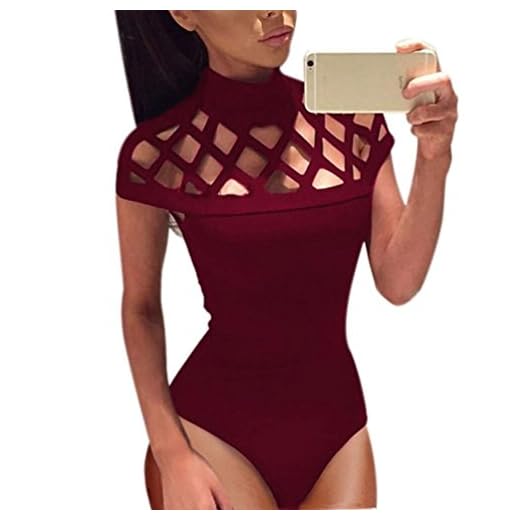 ZARLLE Monos Mujer Sexy Mono con Collar De Cuello Alto Mangas En V para Mujer Bodysuit Tops Bodies Mujer Sexy Vestir Fiesta Mameluco Bodycon Enjaulado Jumpsuit Bodysuit Tops (M, Vino Rojo)