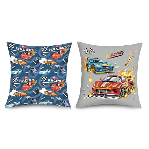 Joymaison Housse Coussin 45x45 Lot de 2 Enfants Voiture de Course Taie d'oreiller Automobile Drapeau à Carreaux Housse d'oreiller pour Coussins Chambre Enfant...