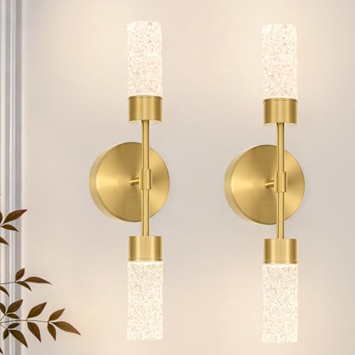 Image of Brushed Gold Wall Sconces Set of 2, Hardwired 3000k Crystal Bathroom Sconces, Modern Sconces Wall Light Fixtures, Bathroom Vanity Light Fixtures Wall Decor Bathroom Mirror Living Room Hallway Bedroom