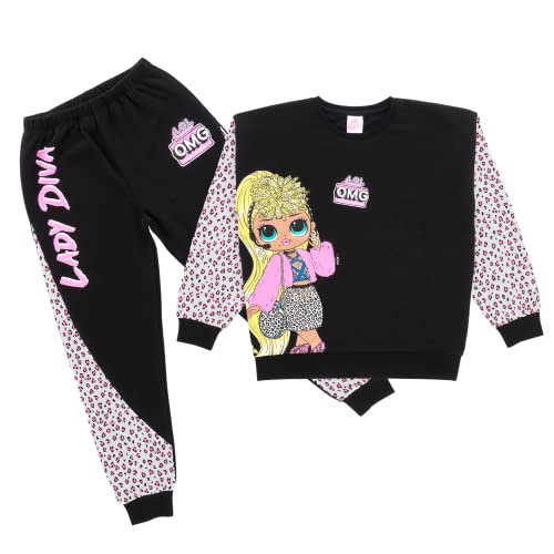 L.O.L. Surprise! Mädchen Sweatshirt & Jogging Hose Set mit LOL OMG Leopard Lady Diva, LOL Surprise Dolls | Kinder Outfits Langarm Tops, Pullover & Trainingshosen | Mädchen Kleidung 9-10 Jahre| Schwarz