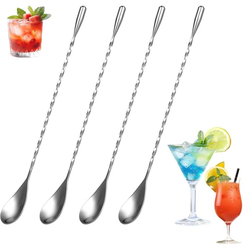 4 Stück Barlöffel Lange Löffel Cocktaillöffel 25cm Edelstahl Longdrinkrührer mit Spiralmuster und Spiegelpolitur Stilvolles Design Perfekt für Martinis