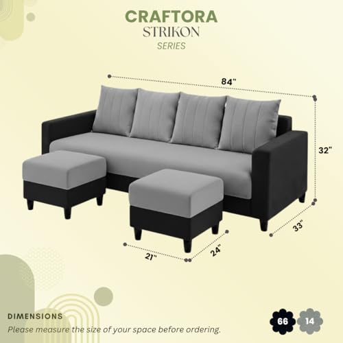 Image of STRIKON Plush 6 Seater L Shape Sofa Set with 2 Movable Ottoman | Flexible Layout |Silken Velvet Suede | Designer Sofa for Living Rooms & Office Spaces (Light Grey & Black)