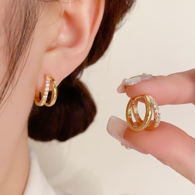Delicate double hoop hollow zirconia earrings 14K thick golden plating light luxury niche design models Dating must-have - Image 5