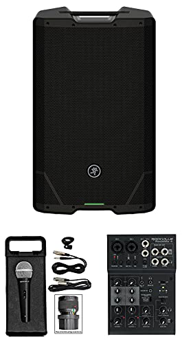 Audiosavings Bundle: Mackie SRT215 15 Powered Active PA Speaker Bundle with Rockville RCM03 Pro Studio Recording Microphone & (2) Rockville ROCKMIX 4 Female to Male XLR Mic Cable (4 Items)
