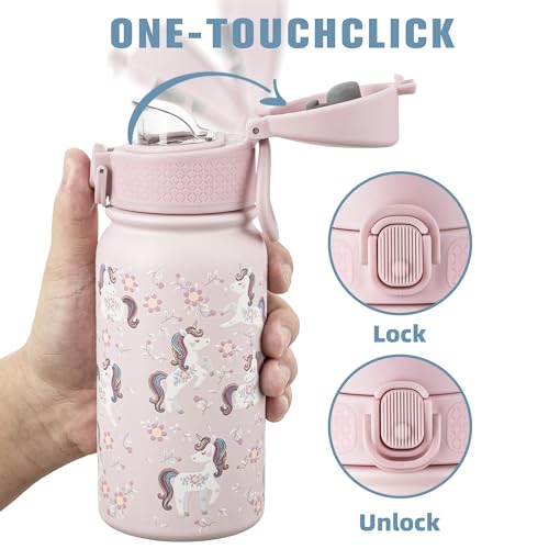Image of GOPPUS Kids 12oz Insulated Stainless Steel Water Bottle, Leakproof Vacuum Tumbler with Carry Handle, Fits Cup Holders, Reusable Water Bottle for School Outdoor, Boys & Girls(Pink Unicorn)