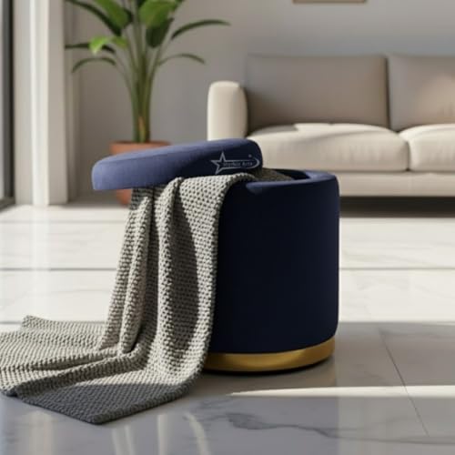 Image of Velvet Round Single Strip Ottoman Office Stool Foot Rest Stool Velvet Fabric Padded Seat Pouf Ottoman 16 X 16X 19 inch, in Round Shape for Living Room Blue