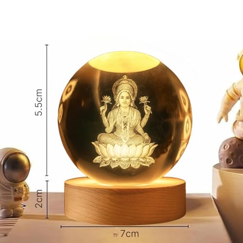 Image of One94Store 3D Crystal Ball Night Lamp - Engraved Goddess Lakshmi LED Light, USB-Powered Table Lamp with Wooden Base, Elegant Home & Office Decor, Bedroom, Anniversary, Birthday Gift (Warm White)