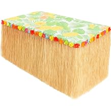 GiftExpress 9 Feet x 29.5" Luau Grass Table Skirt - Hawaiian Theme Party Skirt with Hibiscous Flower Decoration - Fringe Raffia Natural Straw Colored Backdrop for Luau Tropical Theme Decor
