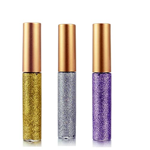 Eyeliner Glitter Liquid Eyeshadow 3 Color Metallic Glitter Sparkling Eyeliner Face Eye Cosmetic Glow Shimmer Makeup Glitter Eyeshadow Liquid Long Lasting Eye Shadow Gold,Silver and Purple