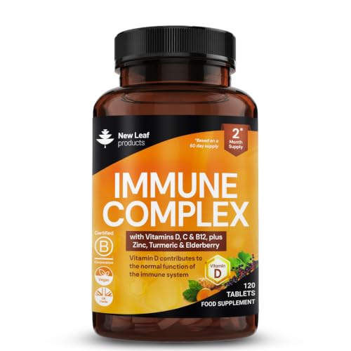 Vitamin D3 Immune Booster Complex - with Vitamins D C B12 Zinc Turmeric & Elderberry - Immune Support - Made in the UK - Immunity Booster by New Leaf 120 Tablets