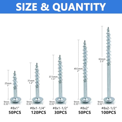 Image of 350 PCS Pocket Hole Screws Assortment Kit, 5 Sizes #8 x 1, 1-1 /4 inch, 1-1 /2 inch, 2 inch, 2-1 /2 inch,Square Drive Self Tapping Coarse Thread Wood Screws Set, Zinc Coated, Drive Bit Included Suitable for Indoor