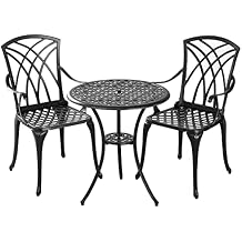 Outdoor 3 Piece Bistro Set,Round Patio Bistro Set with Umbrella Hole, Anti Rust Cast Aluminum Bistro Table and Chairs Furniture Set, Suitable for Patio,Garden,Woven Black