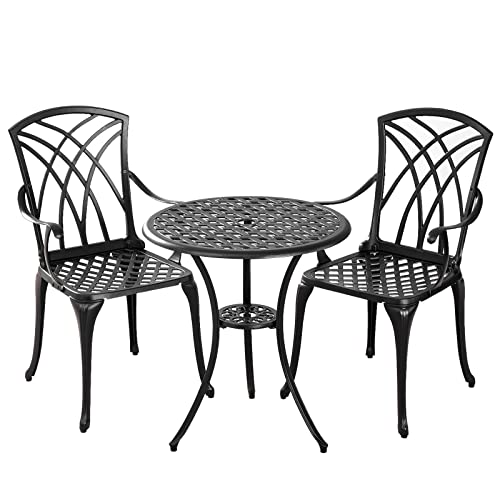 Withniture Outdoor 3 Piece Bistro Set,Round Patio Bistro Set with Umbrella Hole, Anti Rust Cast Aluminum Bistro Table and Chairs Furniture Set, Suitable for Patio,Garden,Woven Black
