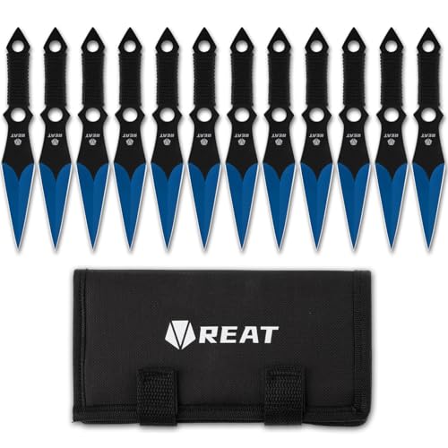 REAT Throwing Products - 12 Piece, 6.5\" 440 Stainless Steel with Cord-Wrapped Handle, Includes Nylon Carrying Case for Safe Storage for Competition, Training, Recreation (Blue)