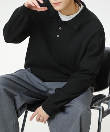 POHADON Men's Retro Ribbed Sweater Grandpa Grunge Collared Neck Knitted Sweater Old Money Aesthetic Fall Winter Polo Tops4