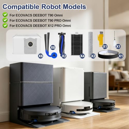 Image of Replacement Parts for ECOVACS DEEBOT T90 /T90 PRO Omni /X12 PRO Omni Robot Vacuum Cleaner Accessories 23 Packs 2 Roller Brushes, 4 Filters, 6 Side Brushes, 2 Roller Mops, 6 Bags, 1 Bumper Stripe