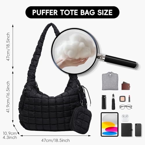 Image of Puffer Tote Bag for Women, Large Quilted Puffer Bag with Pouch, Puffy Quilted Hobo Bag, Puff Crossbody Purse