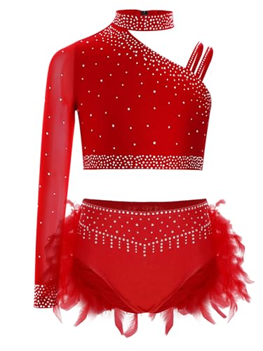 LiiYii   Traje de baile lírico de jazz para niñas, conjunto de 2 piezas, top corto brillante y falda de plumas con lentejuelas para gimnasia, rojo, 11 12 Años