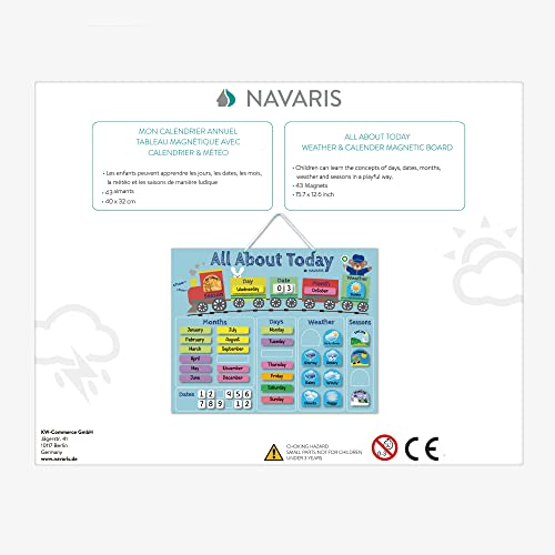 Navaris Kalender Tafel für Kinder - Lerntafel Jahreszeiten Uhr - Magnet Spiel Lernuhr - Kinderkalender Jahreskalender - magnetisch - blau - englisch