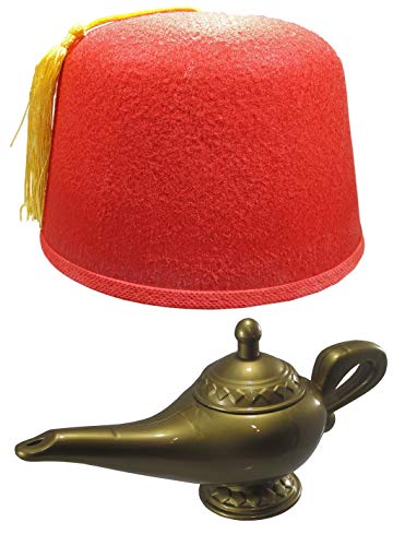 Red Fez Hat Cap And Genie Magic Wish Lamp Costume Set Kit