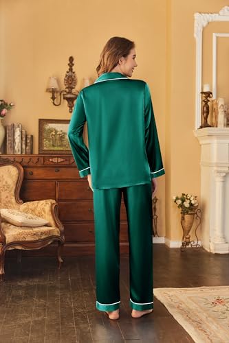 Image of Ekouaer Women's Classic Button Down Long Satin Silk Pajama Set