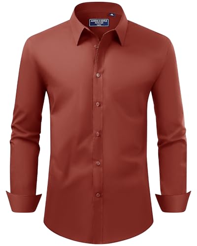 Alimens & Gentle Men's Dress Shirt Regular Fit Stretch Stain Shield Long Sleeve Solid Business Button Up Shirts,Burnt Orange,Medium