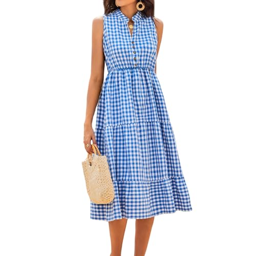 Image of BROVAVE Womens 2026 Summer Sleeveless Shirt Dress Collar Striped V Neck Casual Midi Dresses