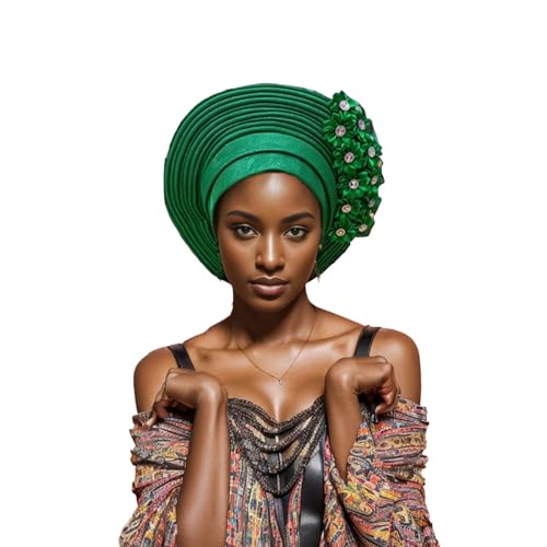 JRZXTWL African Head Wraps Fashion Headbands Stones ASO Oke Auto Gele Headtie Already Made Women's Hats Caps for Wedding Party. (green, Standard)