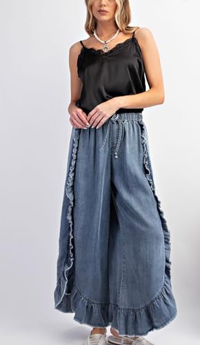 Apvirdy Womens Raw Hem Ruffled Wide Leg Jeans Casual Loose Elastic Waist Drawstring Flowy Palazzo Pants3