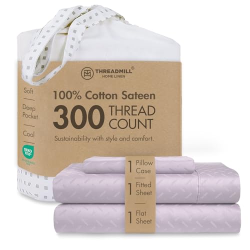 Image of Threadmill Cotton Twin Sheet Set | 100% Cotton Sheets for Twin Size Bed | Damask Jacquard Sateen Twin Bed Sheets Set with 16 inch Deep Pocket | Soft Breathable 3-Piece Cooling Sheet Set | Lilac