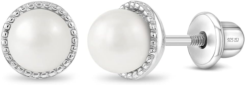In Season Jewelry Simulated Pearl Kids Earrings - 925 Sterling Silver Hypoallergenic Earrings for Girls with Safety Screw Backs - Safe & Comfortable for Toddlers, Kids & Little Girls