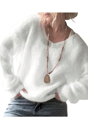 Urchics Womens V Neck Fuzzy Sweater Plush Mohair Blend Sweaters Dusty Pink Fall Winter Casual Pullover Tops
