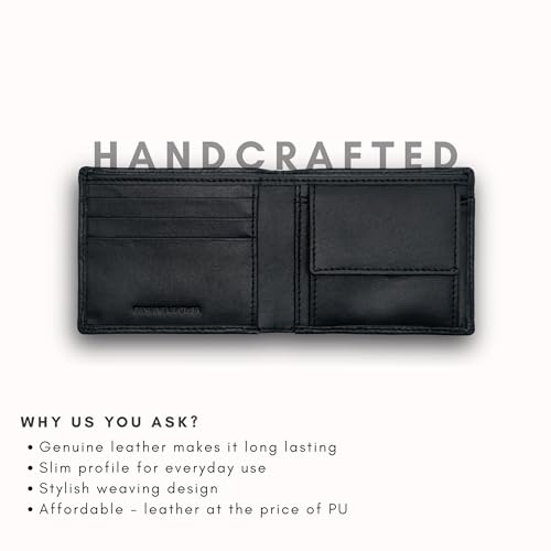 Image of Genuine Leather Wallet for Men with RFID Protection, Handwoven Slim Bifold Money Wallet, 3 Card Slots, Coin Pocket, Dual Note Compartments, Compact Wallet for Office, Travel & Daily Use